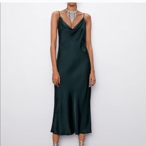 Emerald green Zara cowl neck midi slip dress - worn once